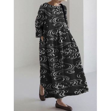 Sea Waves Japanese Art Linen Blend Maxi Dress