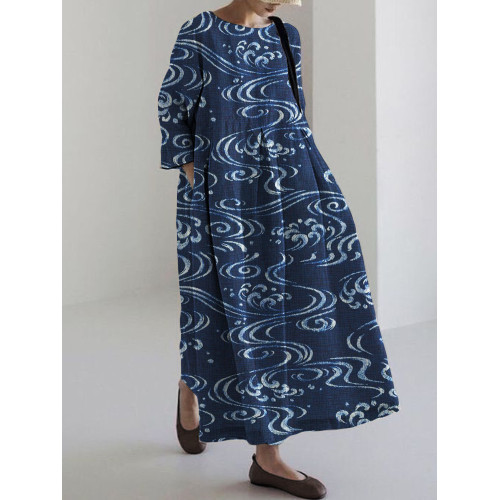 Sea Waves Japanese Art Linen Blend Maxi Dress