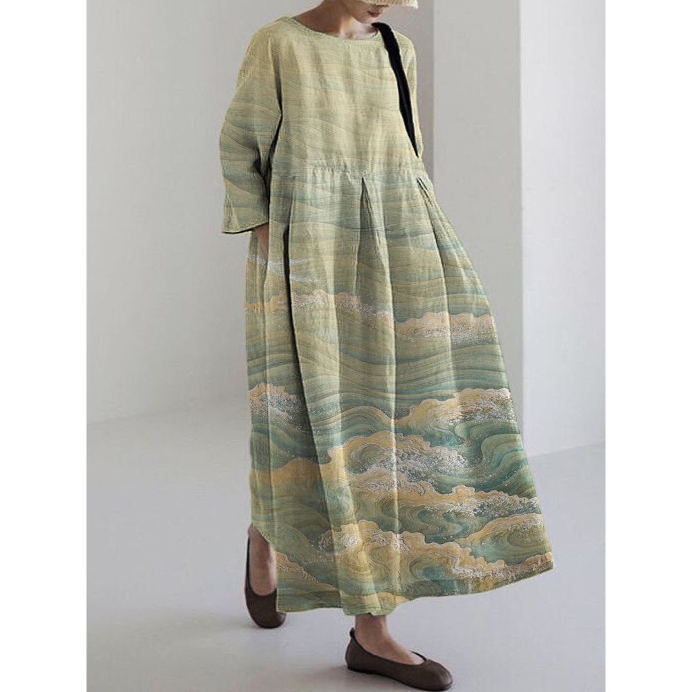 Sea Waves Japanese Linen Blend Maxi Dress
