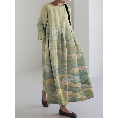 Sea Waves Japanese Linen Blend Maxi Dress