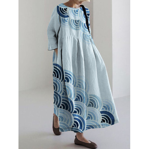 Sea Waves Japanese Lino Art Linen Blend Maxi Dress