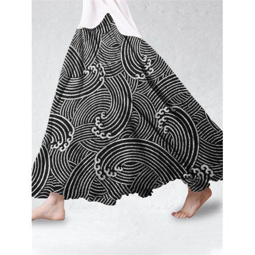 Sea Waves Japanese Lino Pattern Flowy Wide Skirt