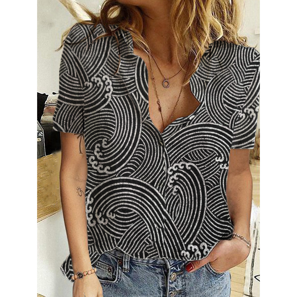 Sea Waves Japanese Lino Pattern Linen Blend Blouse