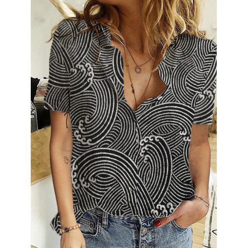 Sea Waves Japanese Lino Pattern Linen Blend Blouse