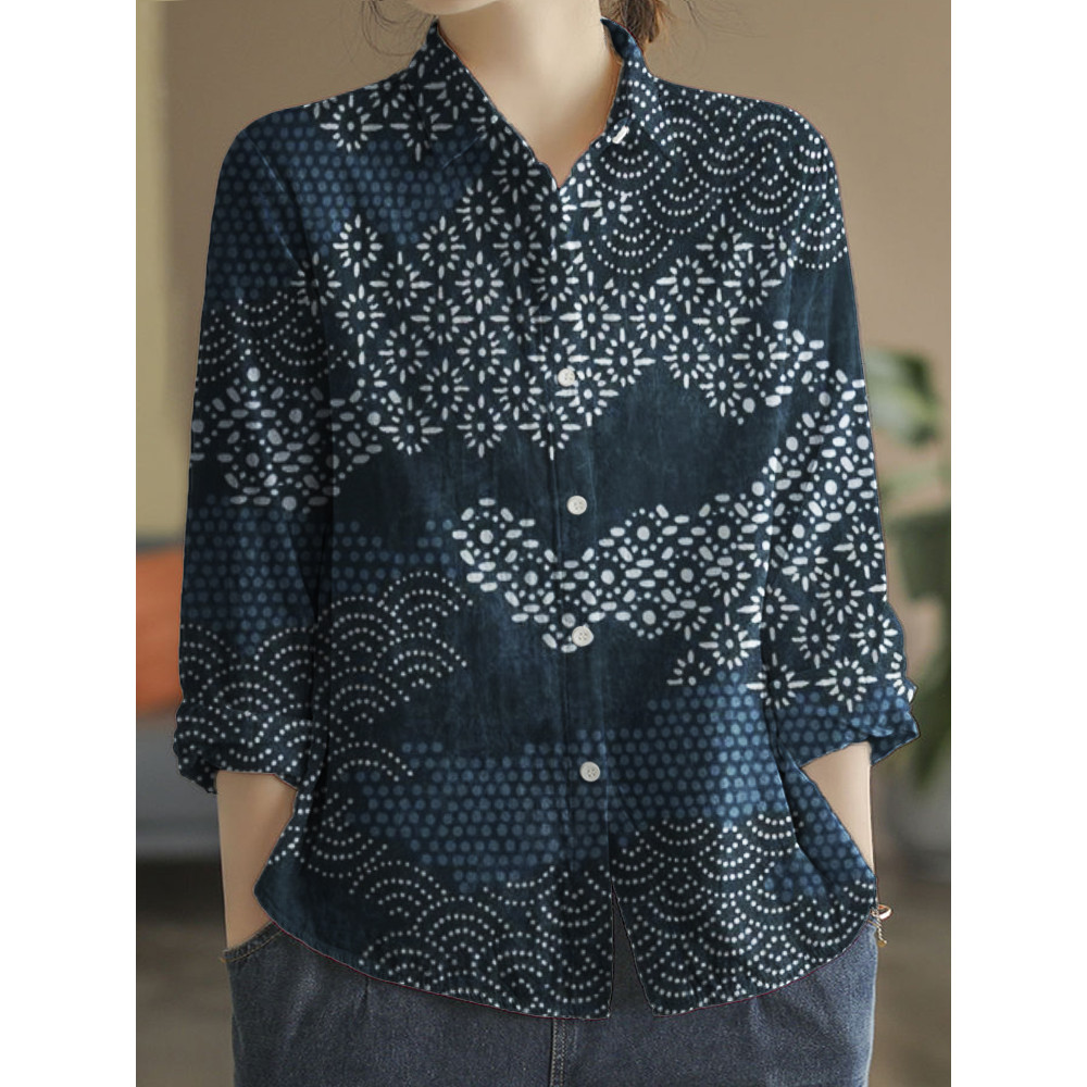 Sea Waves Japanese Traditional Pattern Linen Blend Blouse