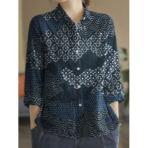 Sea Waves Japanese Traditional Pattern Linen Blend Blouse