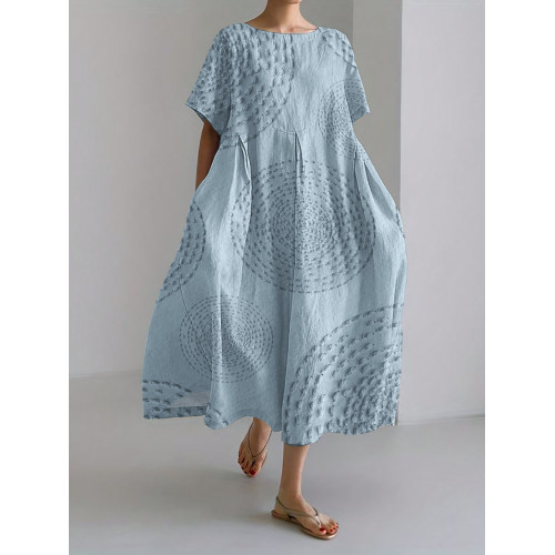 Sea Waves Ripples Japanese Embroidered Linen Blend Maxi Dress