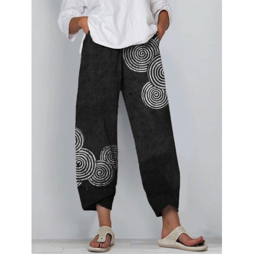 Sea Waves Ripples Japanese Lino Art Linen Blend Cropped Pants