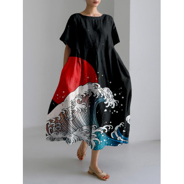 Sea Waves and Red Sun Japanese Art Linen Blend Maxi Dress