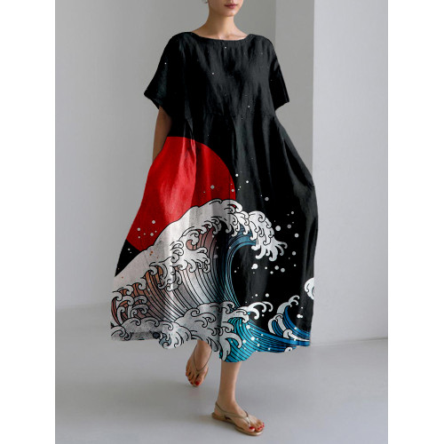 Sea Waves and Red Sun Japanese Art Linen Blend Maxi Dress