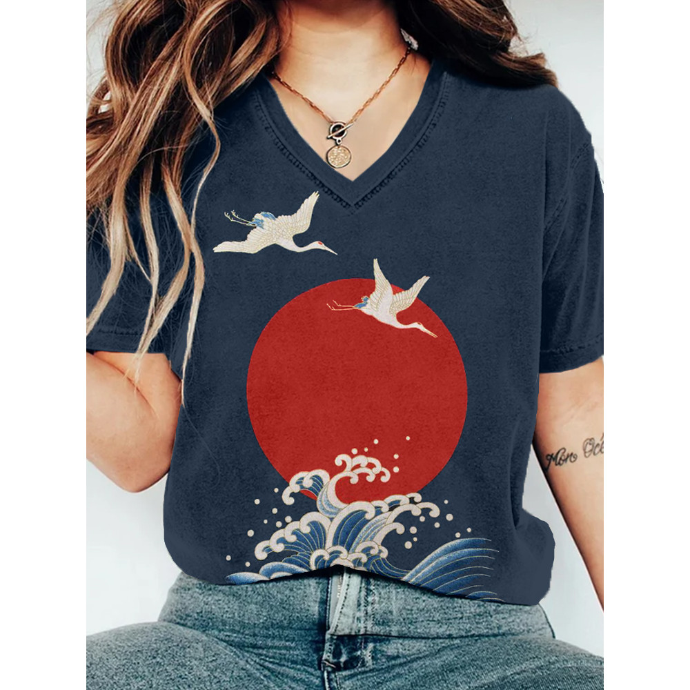 Sea Waves and Red Sun Japanese Art V Neck T Shirt