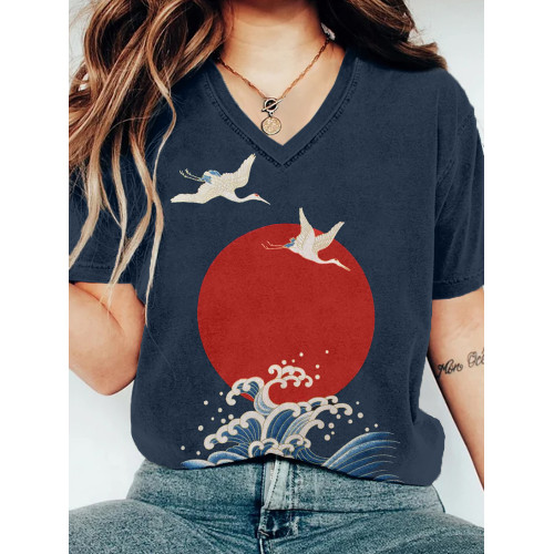 Sea Waves and Red Sun Japanese Art V Neck T Shirt