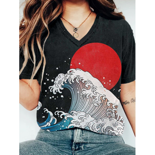 Sea Waves and Red Sun Japanese Art V Neck T Shirt