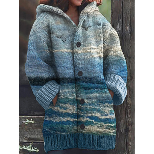 Seagulls Seascape Felt Art Cozy Hooded Cardigan