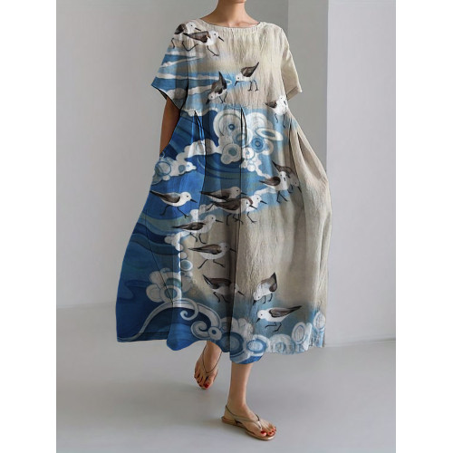 Seagulls Seaside Waves Contrast Linen Blend Maxi Dress