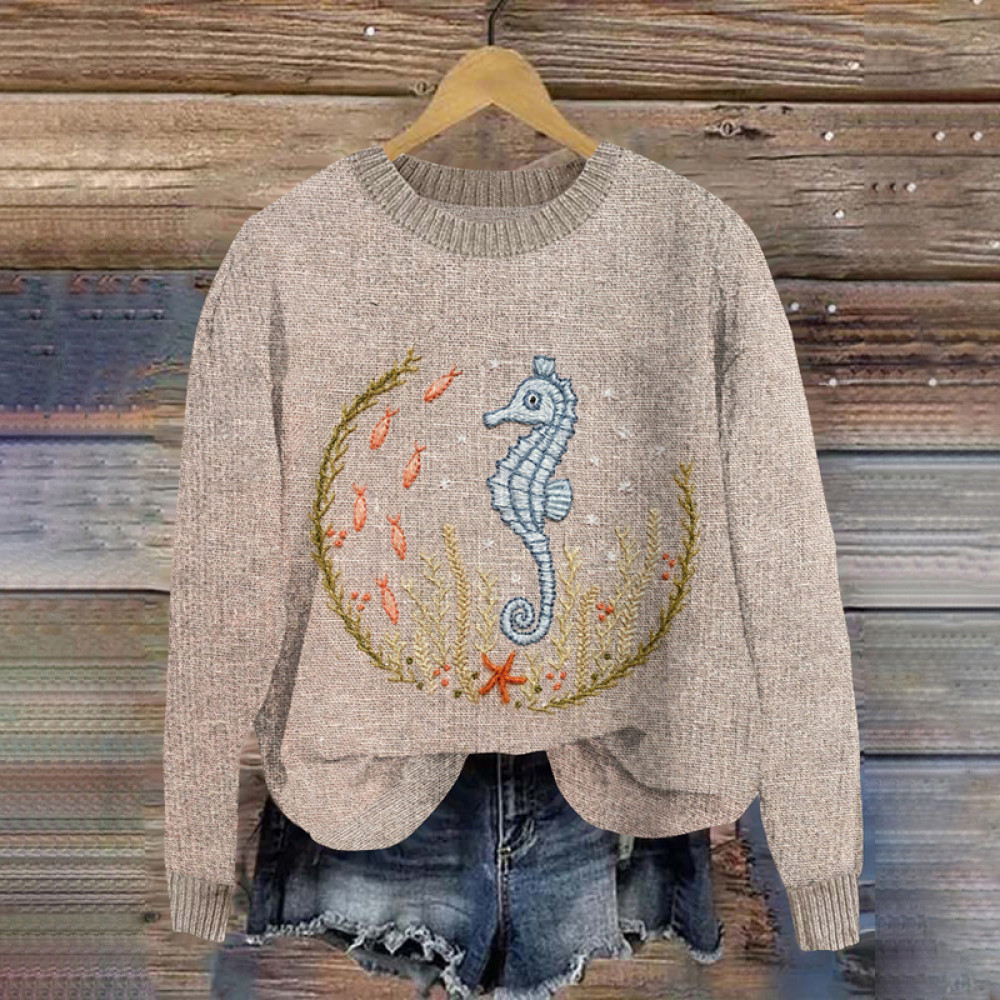 Seahorse Embroidered Artwork Cozy Sweater