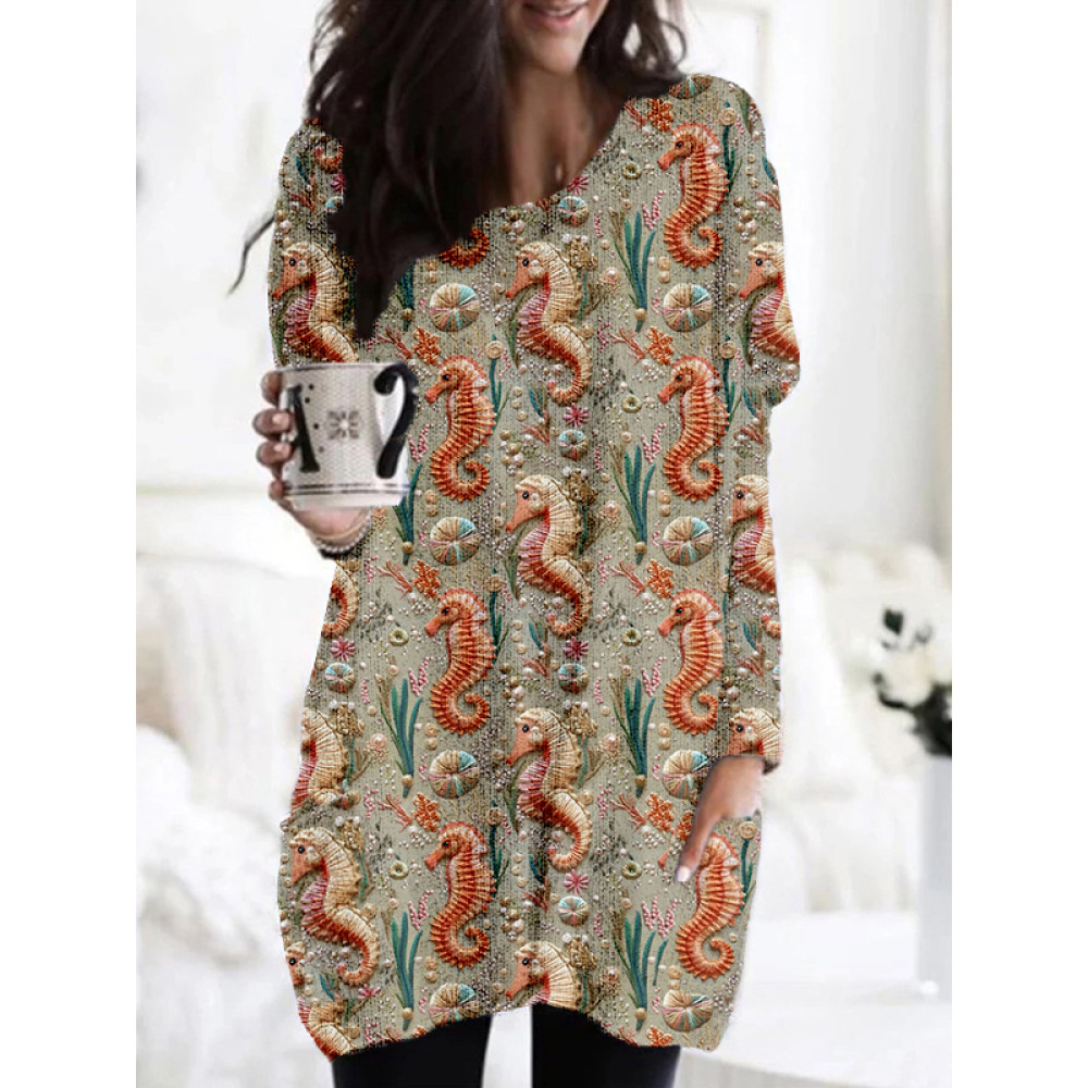 Seahorse Embroidery Art Patch Pocket Cozy Knit Tunic