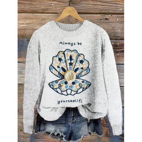 Seashell & Floral Pattern Casual Knit Sweater