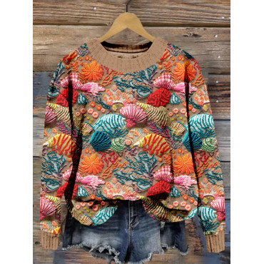 Seashells Embroidery Art Crew Neck Cozy Sweater