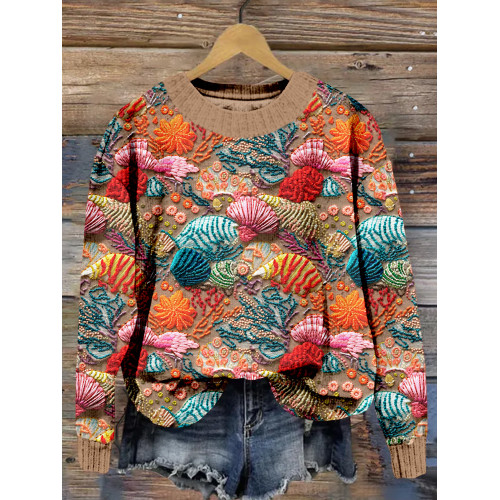 Seashells Embroidery Art Crew Neck Cozy Sweater