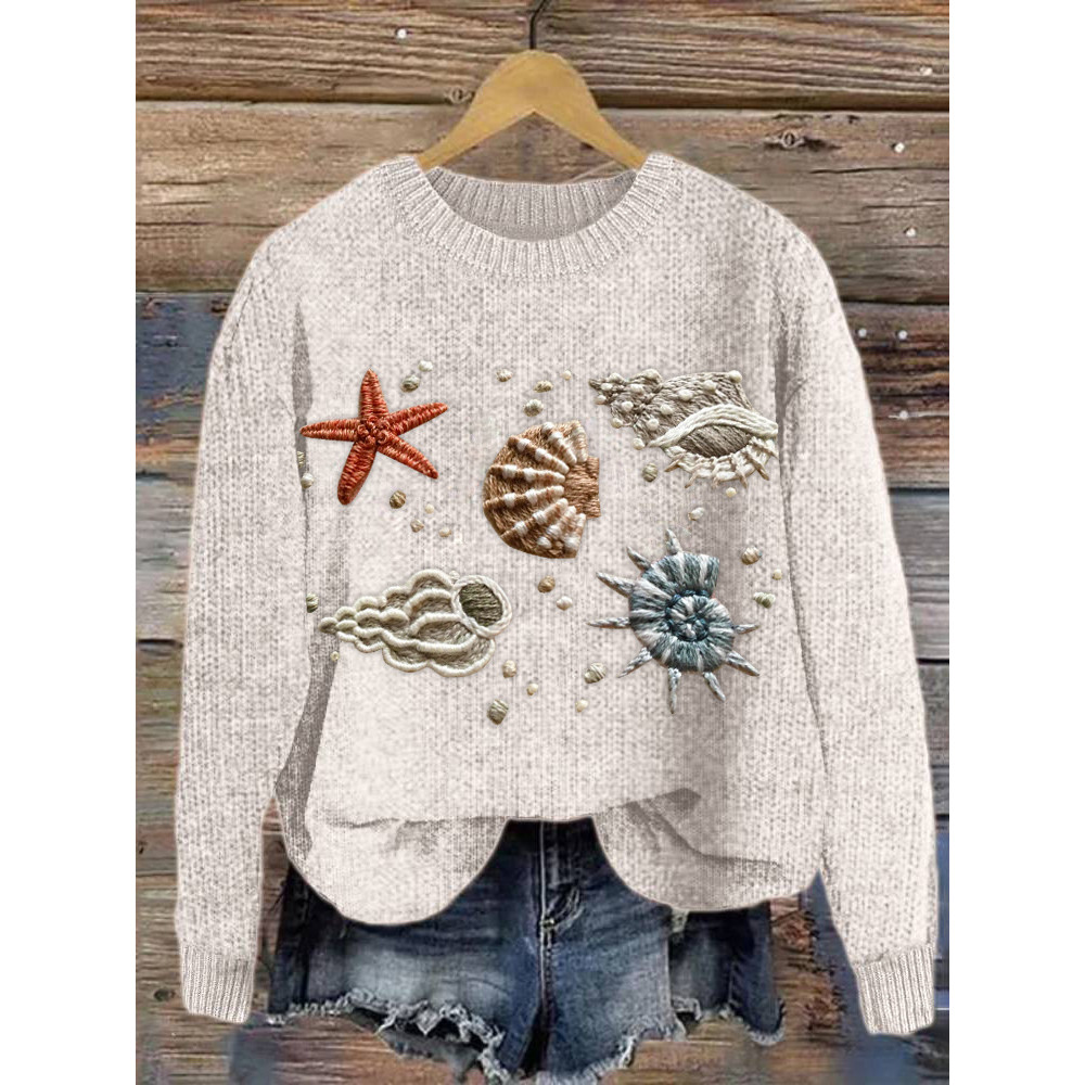 Seaside Embroidery Pattern Cozy Knit Sweater