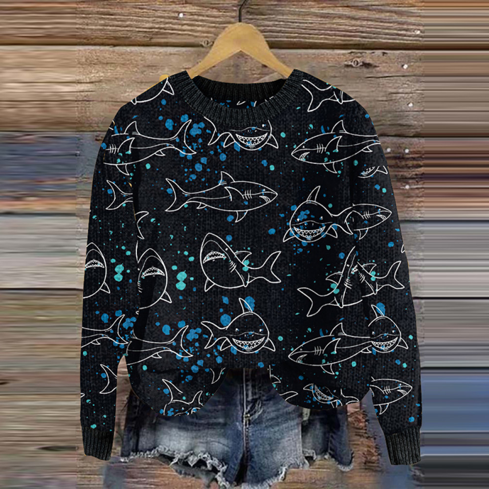 Shark Art Patterned Cozy Knit Sweater