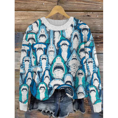 Shark Embroidery Art Cozy Knit Sweater