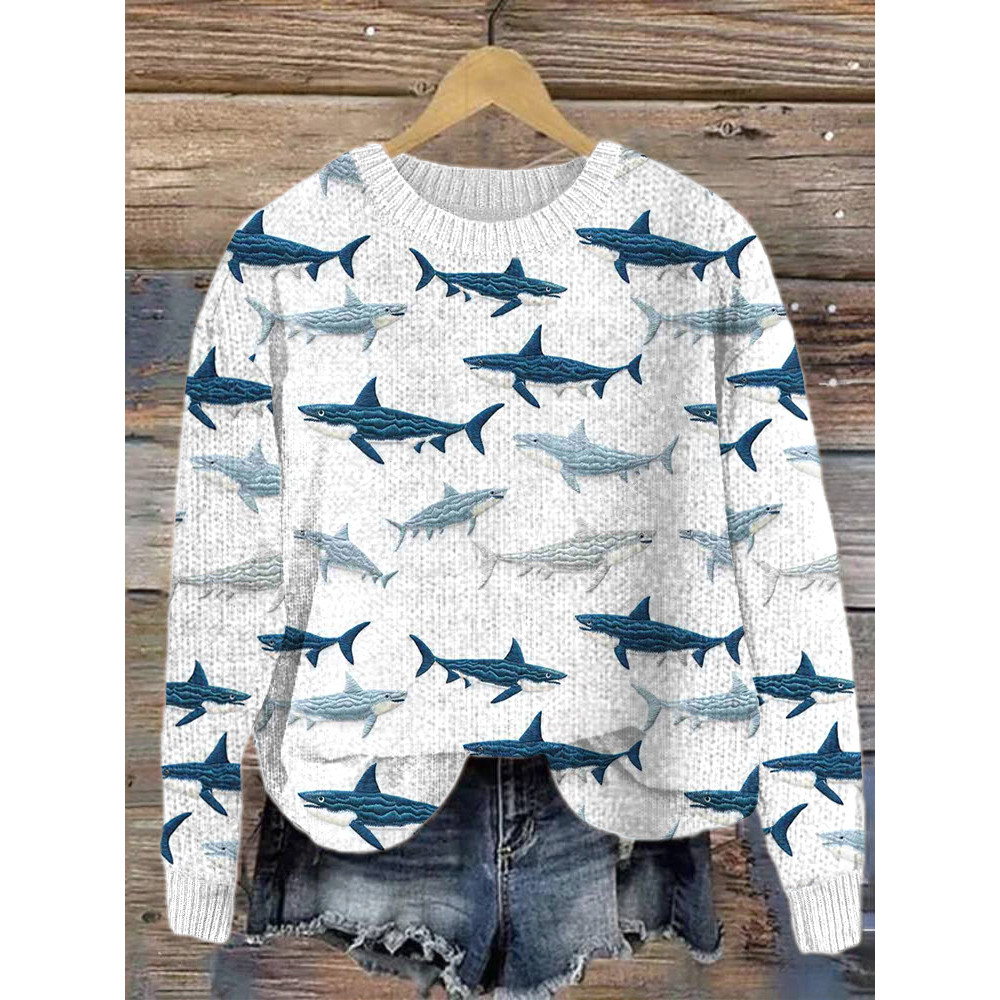 Shark Embroidery Art Cozy Knit Sweater