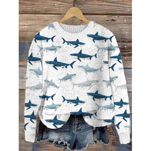 Shark Embroidery Art Cozy Knit Sweater