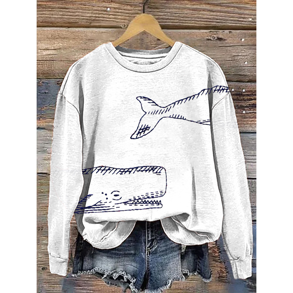 Shark Embroidery Art Print Casual Cozy Sweatshirt