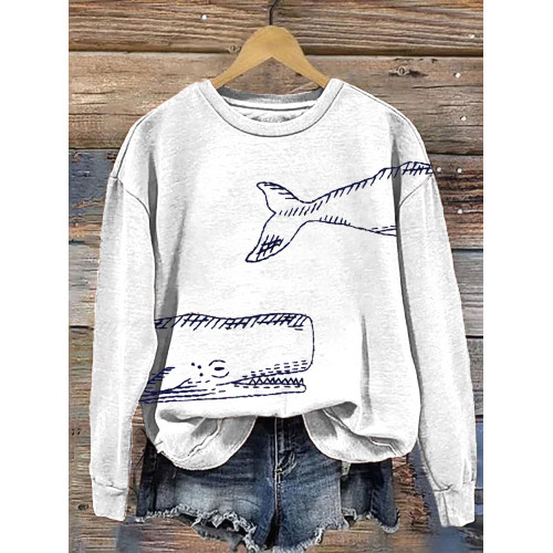 Shark Embroidery Art Print Casual Cozy Sweatshirt