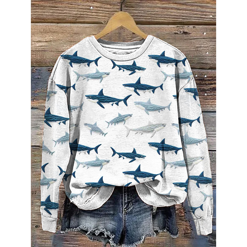 Shark Embroidery Art Printed Casual Cozy Sweater