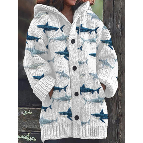 Shark Embroidery Pattern Cozy Knit Hooded Cardigan