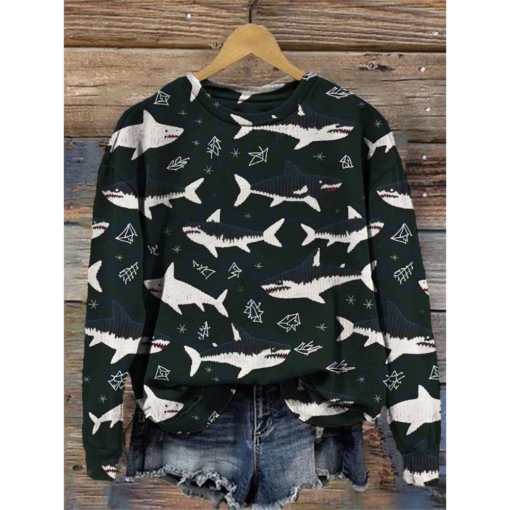 Shark Faux Embroidery Cozy Sweatshirt