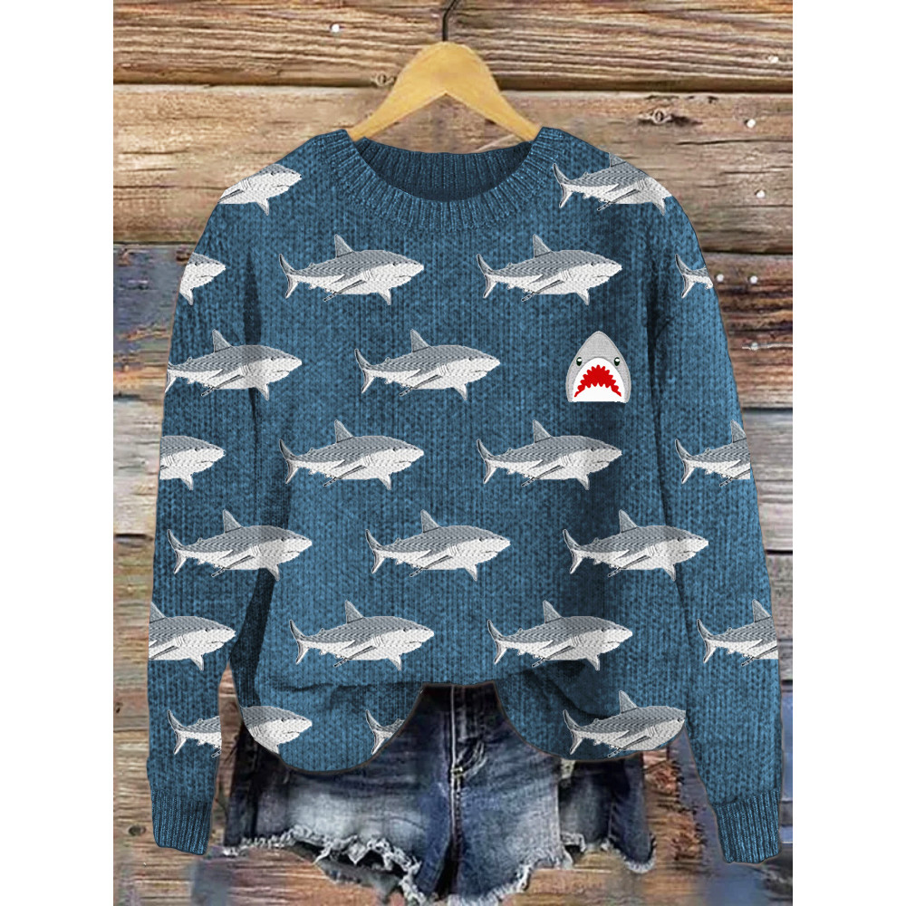 Shark Jaw Pattern Cozy Knit Sweater