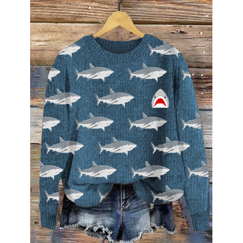 Shark Jaw Pattern Cozy Knit Sweater