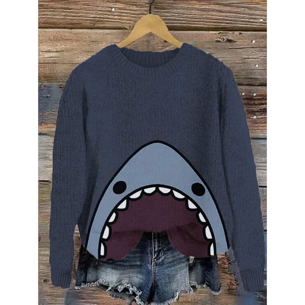 Shark Pattern Cozy Knit Sweater