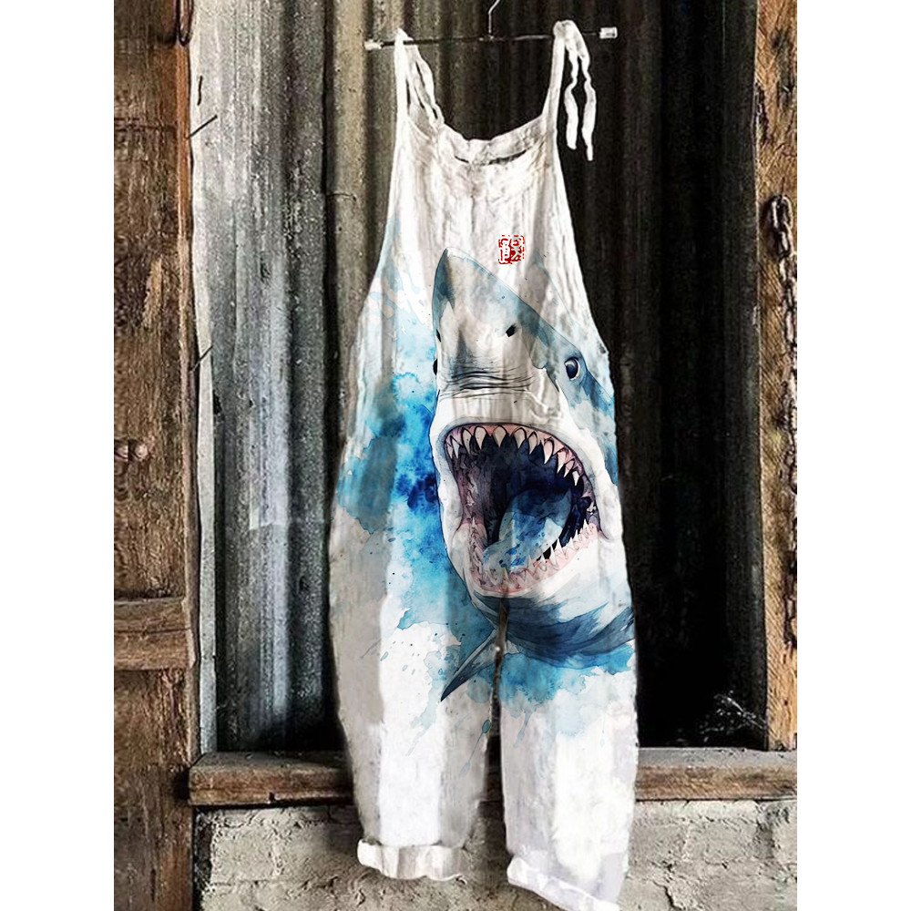 Shark Watercolor Art Print Linen Bib Pants