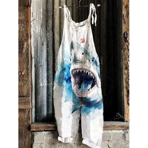 Shark Watercolor Art Print Linen Bib Pants