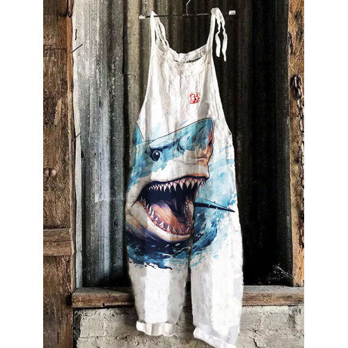 Shark Watercolor Art Print Linen Bib Pants