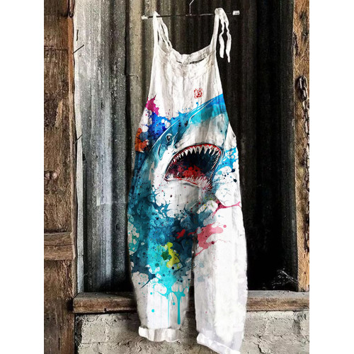 Shark Watercolor Art Print Linen Bib Pants