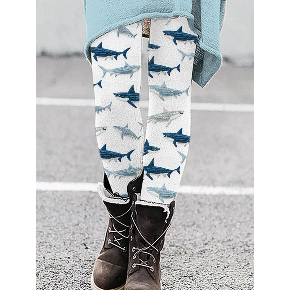 Sharks Embroidery Art Casual Cozy Stretch Leggings