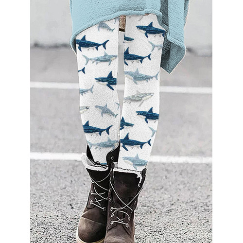 Sharks Embroidery Art Casual Cozy Stretch Leggings