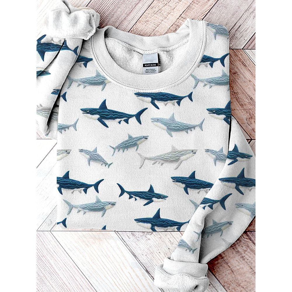 Sharks Embroidery Art Casual Cozy Sweatshirt