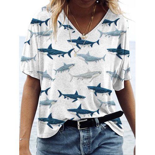 Sharks Embroidery Art Casual Cozy V-Neck T-Shirt