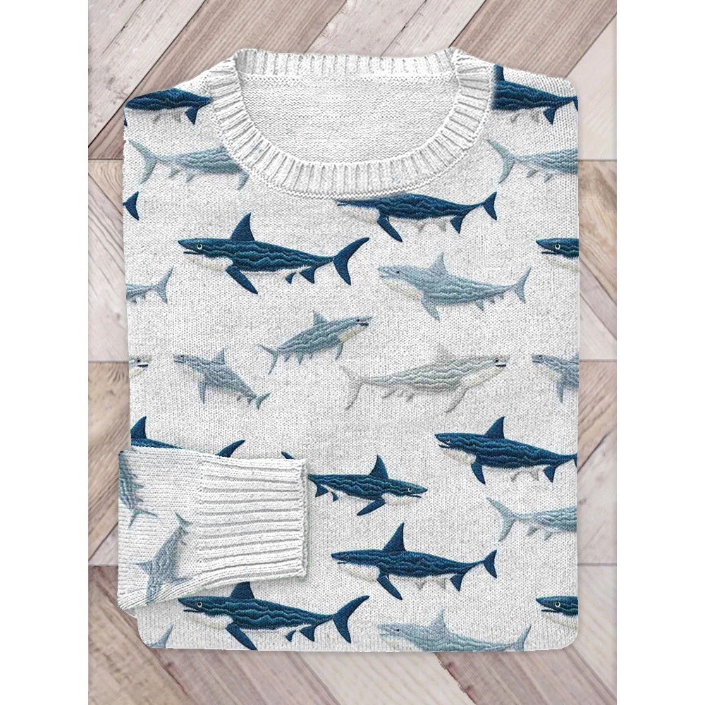 Sharks Embroidery Art Cozy Knit Sweater
