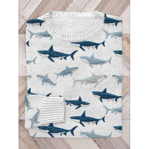Sharks Embroidery Art Cozy Knit Sweater