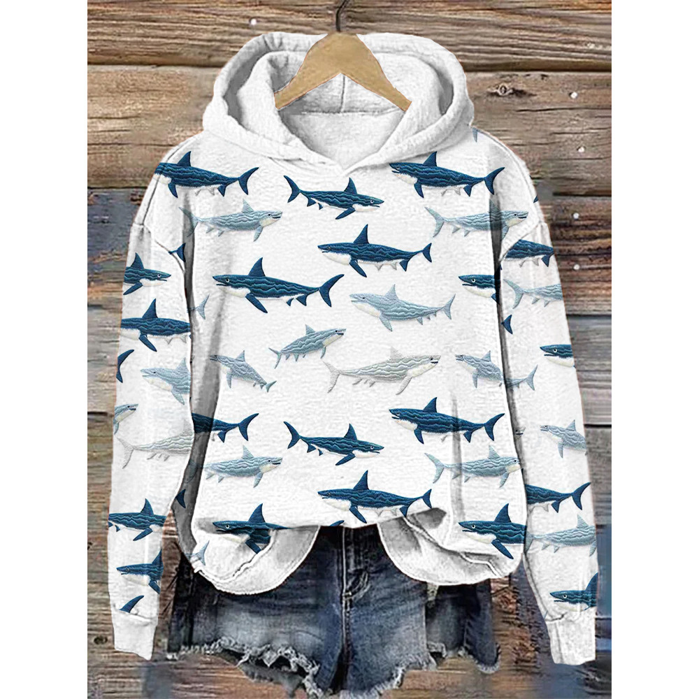 Sharks Embroidery Pattern Casual Cozy Hoodie