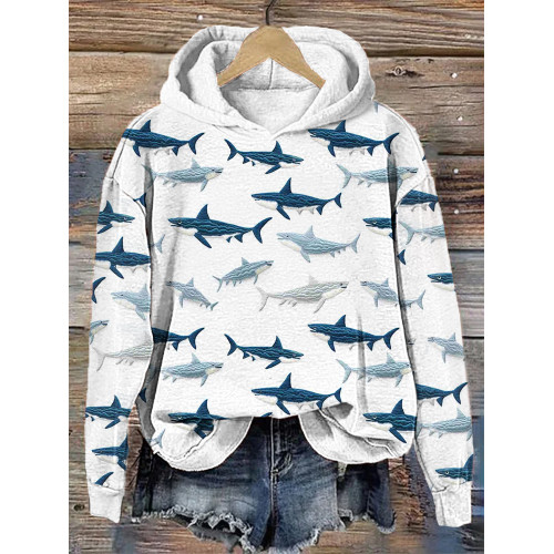 Sharks Embroidery Pattern Casual Cozy Hoodie