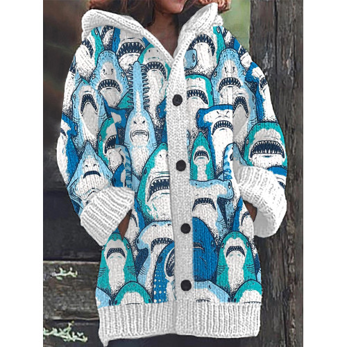 Sharks Pattern Casual Cozy Knit Hooded Cardigan